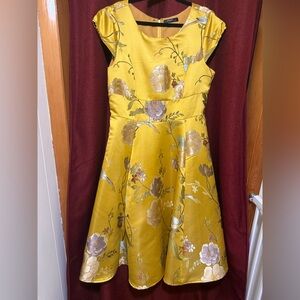 Eshakti Yellow Floral Fit & Flare Dress XL 16 Pockets Cap Sleeve